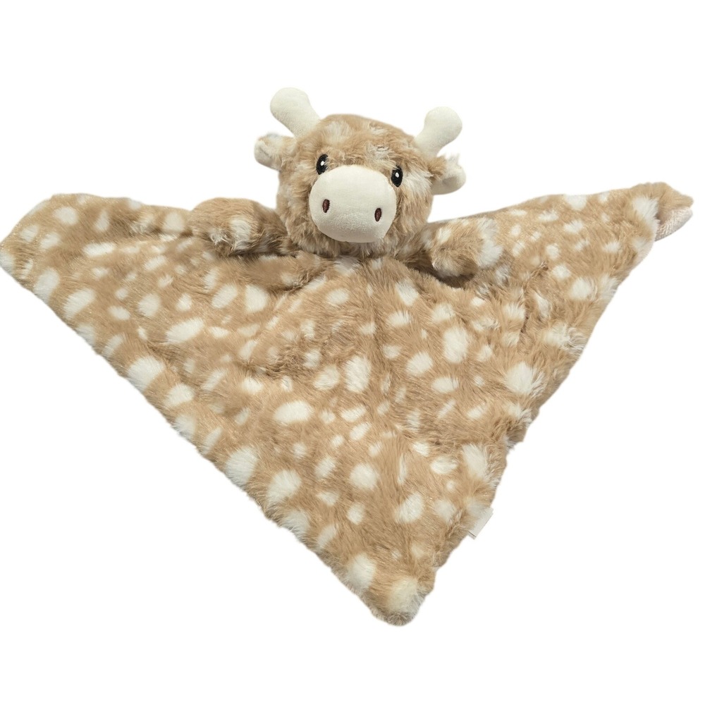 Linzy Highland Cow Baby Security Blanket Rattle Tan‎ Cream Spotted Plush Lovey